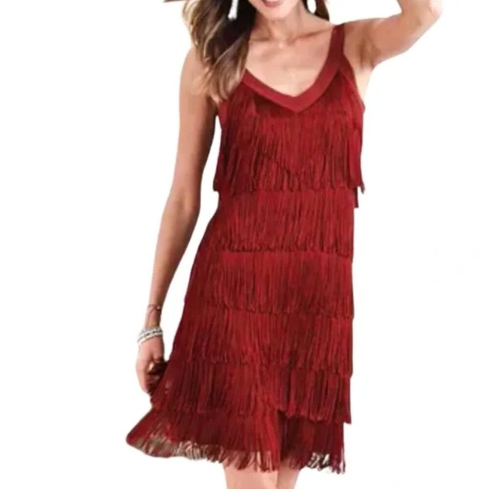 White House Black Market Tiered Fringe Flapper Dress Double V-neck Deep Red